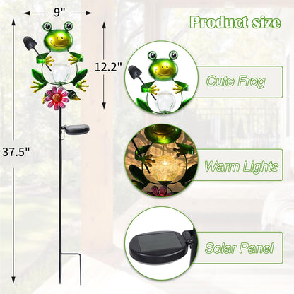 Afirst Solar Lights Outdoor Decorative Metal Frog Crackle Glass Globe Warm White LED Metal Waterproof Garden Stake Lights for Walkway Pathway Lawn Patio Yard Decorations