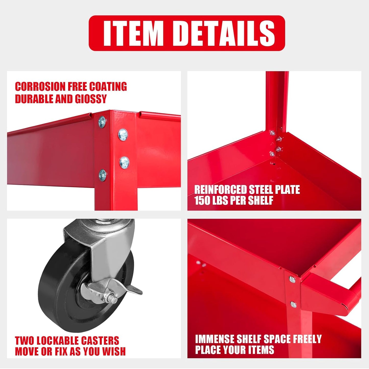Torin Service Utility Cart Heavy Duty 2 Shelf Tier 300 LBs Rolling Trolley Storage Organizer for Garage Warehouse Workshop, APTC304B , Red