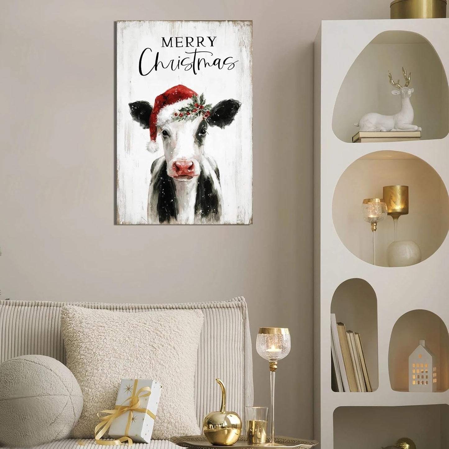Christmas Cow Canvas Wall Art – Framed Farmhouse Decor for Xmas, Ready to Hang Print Holiday Gifts for Bedroom & Living Room Indoor 24x35 Inch