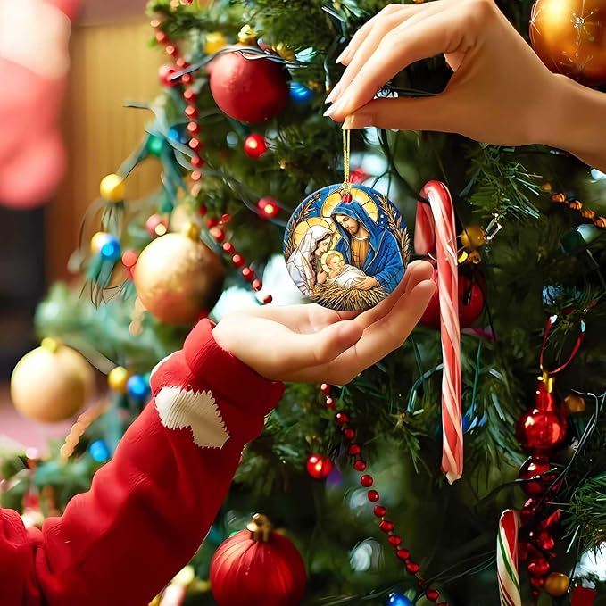 Nativity Night Ornaments Round Ceramic Stained Glass Style Birth of Jesus Christ Ornament Christmas Keepsake Decor for Christmas Tree Winter for Women Men Xmas Hanging Ornament 3"