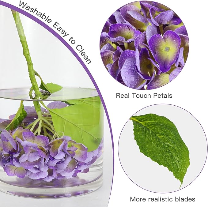 Nubry 22.44In Purple Hydrangea Artificial Flowers,4Pcs Latex Faux Real Touch Large Hydrangea Flowers with Long Stems & Leaves for Home Office Decor Wedding Party Arrangements(Purple)