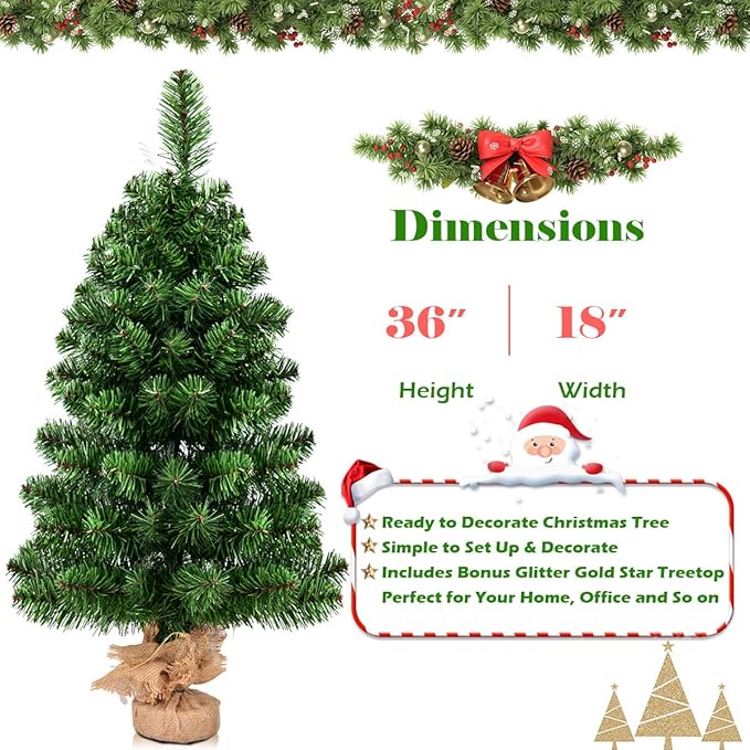 GOFLAME 3ft Mini Artificial Christmas Tree, Tabletop Spruce Christmas Tree with New PVC Material and Cement Base, Perfect for Indoor Decoration