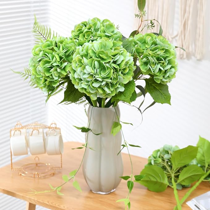 Nubry 22.44In Green Hydrangea Artificial Flowers,4Pcs Latex Faux Real Touch Large Hydrangea Flowers with Long Stems & Leaves for Home Office Decor Wedding Party Arrangements(Green)