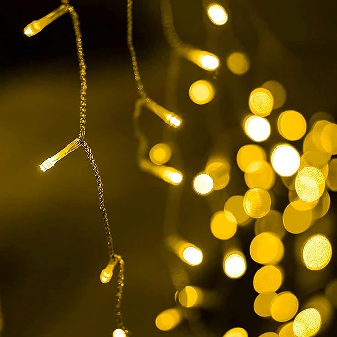 Dazzle Bright 360 LED Christmas Icicle Lights, 29.5 FT 8 Modes Curtain Fairy Lights with 60 Drops, Connectable Xmas String Lights for Outside Holiday Wedding Party Decorations (Warm White)