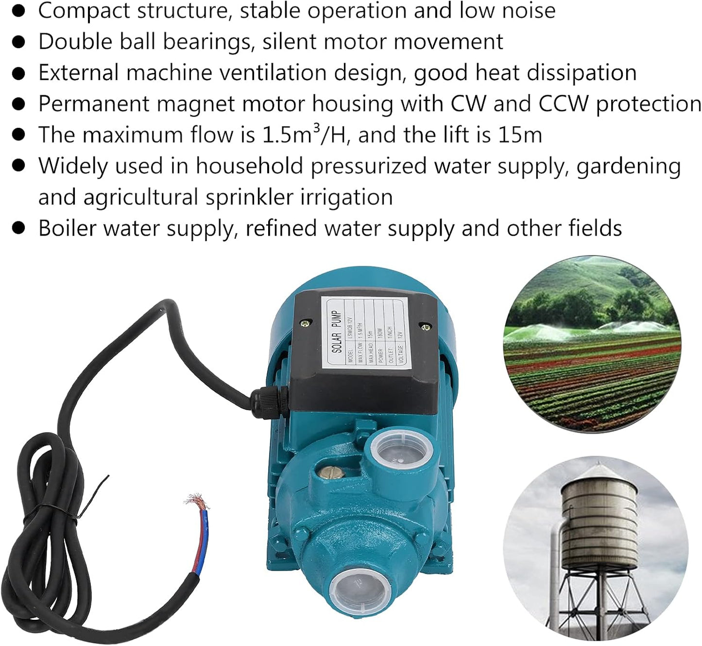 Portable Transfer Water Pump for Clean Water, DC 12V Easy Powered Self-priming Pump for Shallow Well Jet, Irrigation Transfer, Solar Water Supply - 15M Lift