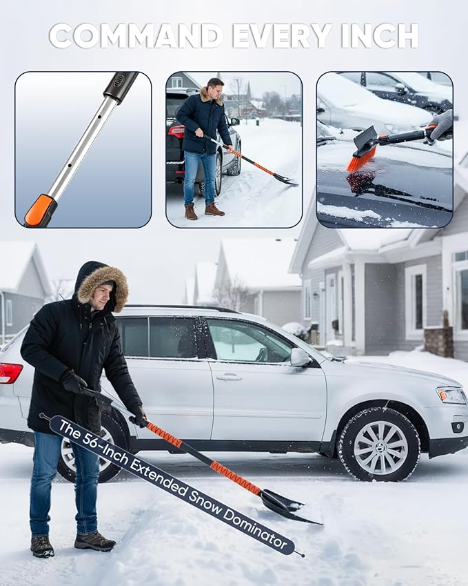 Saker Upgraded 56'' Car Snow Brush and Ice Scraper,6-in-1 Aluminum Snow Shovel Snow Broom with Foam Grip 180° Pivoting Brush Head,Durable Snow Scraper for Cars,SUVs,Trucks