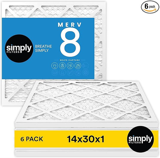 Simply 14x30x1 Air Filter, Merv 8, 6 Pack, For Home AC Furnace & HVAC (Actual Size: 13.75"x29.75"x0.75") DUST, Pet, & Allergy Control