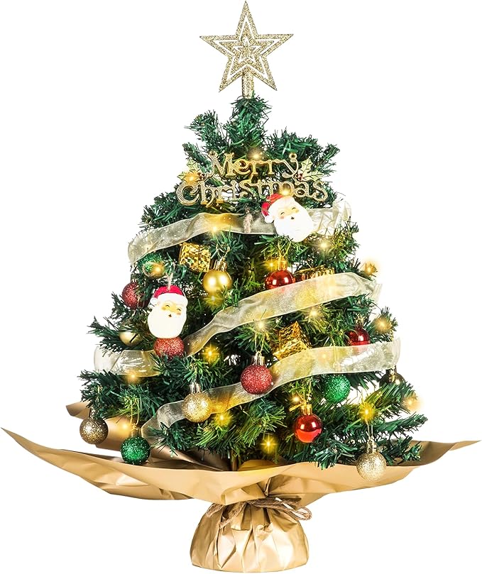 20" Mini Christmas Tree, Artificial Mini Christmas Tree with Lights, Tabletop Christmas Tree with Star Treetop Pinecones Boxes and Ball Ornaments for DIY Christmas Decoration (Green&Red)