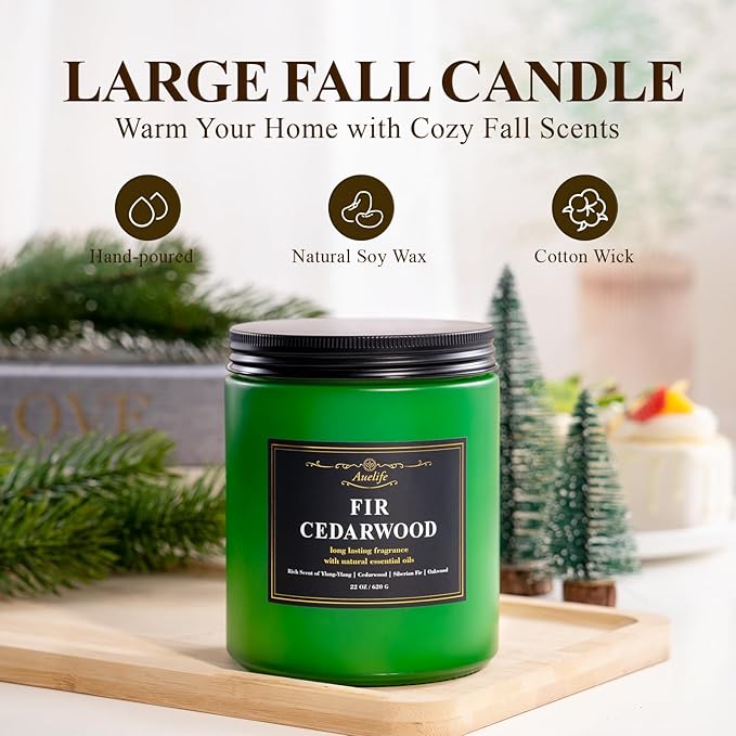 Auelife Winter Candles, Fir & Cedarwood Scented Candle – 22oz Large 3-Wick Soy Candles, Long Lasting Aromatherapy, Woodsy Christmas Candle, Holiday Gift for Women & Men