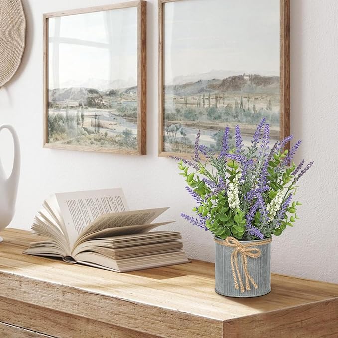 DILATATA Rustic Lavender Flowers Artificial Lavender Decor Fake Lavender Plant in Metal Pot Faux Plants in Pots for Home Bathroom Table Centerpieces Wedding Decor Potted Lavender Flower Purple Decor