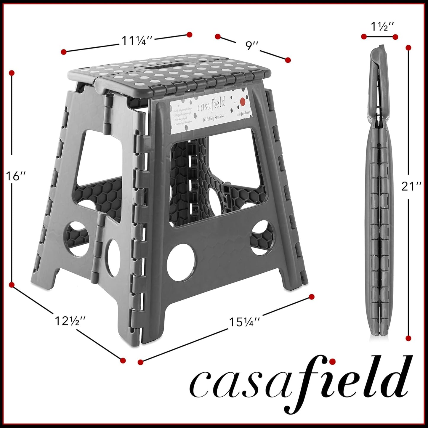 Casafield 16" Folding Step Stool with Handle, Gray - Portable Collapsible Small Plastic Foot Stool for Adults - Use in The Kitchen, Bathroom and Bedroom