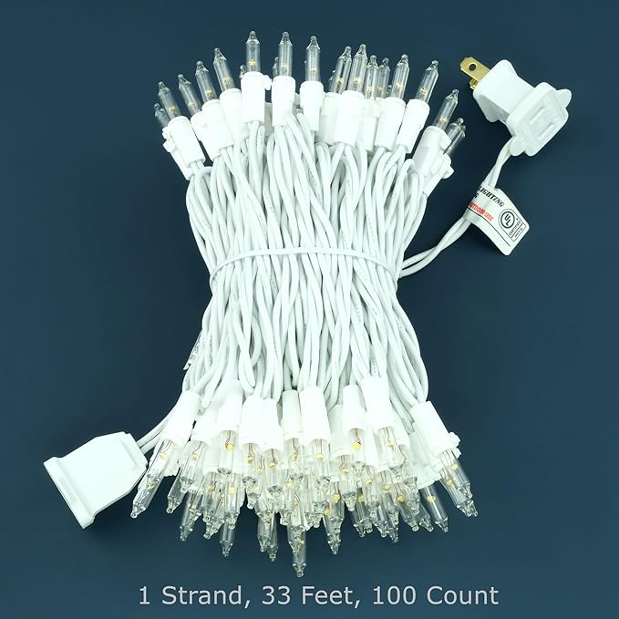 YULETIME 100 Count Clear Warm White Christmas Lights, 33 Feet White Wire UL Certified Incandescent-Like LED Mini String Lights