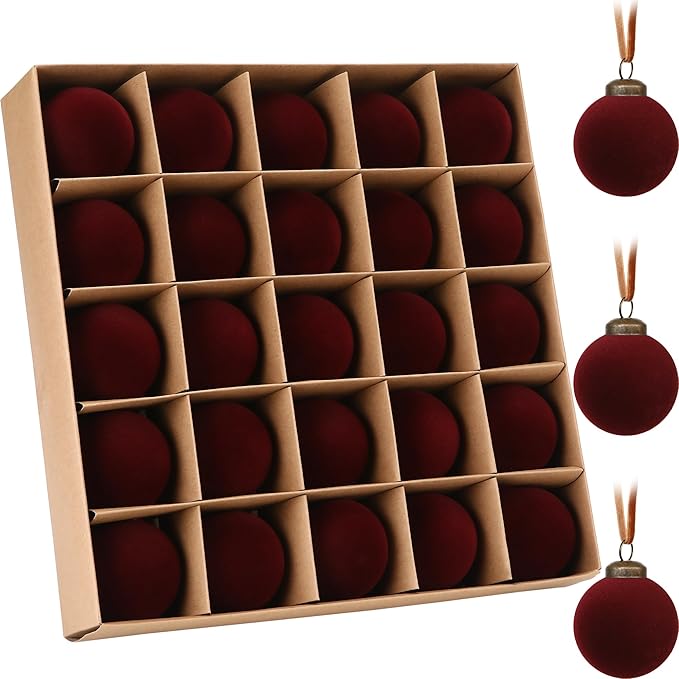 Sea Team 25-Pack Flocked Velvet Christmas Tree Ball Ornaments Set, Hanging Velour Baubles, Shatterproof Plastic Decorations for Xmas Tree, Wreath, Garland, 60mm/2.36 Inches, Burgundy
