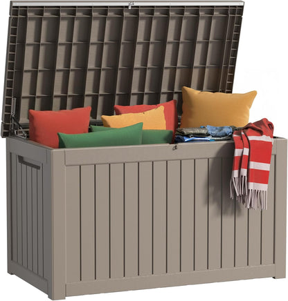 230 Gallon Outdoor Storage Box Waterproof, UV Resistant Resin Deck Box with Hydraulic Rod, Reinforced Stability for Patio, Garden, Striped Gray