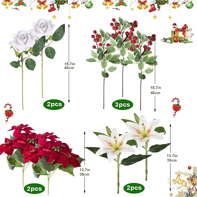 HUAESIN Poinsettias Artificial Christmas Flowers Cemetery Silk Christmas Floral Arrangements with Lily Rose Red Holly Berries Winter Flowers Christmas Picks for Xmas Home Vase Table Grave