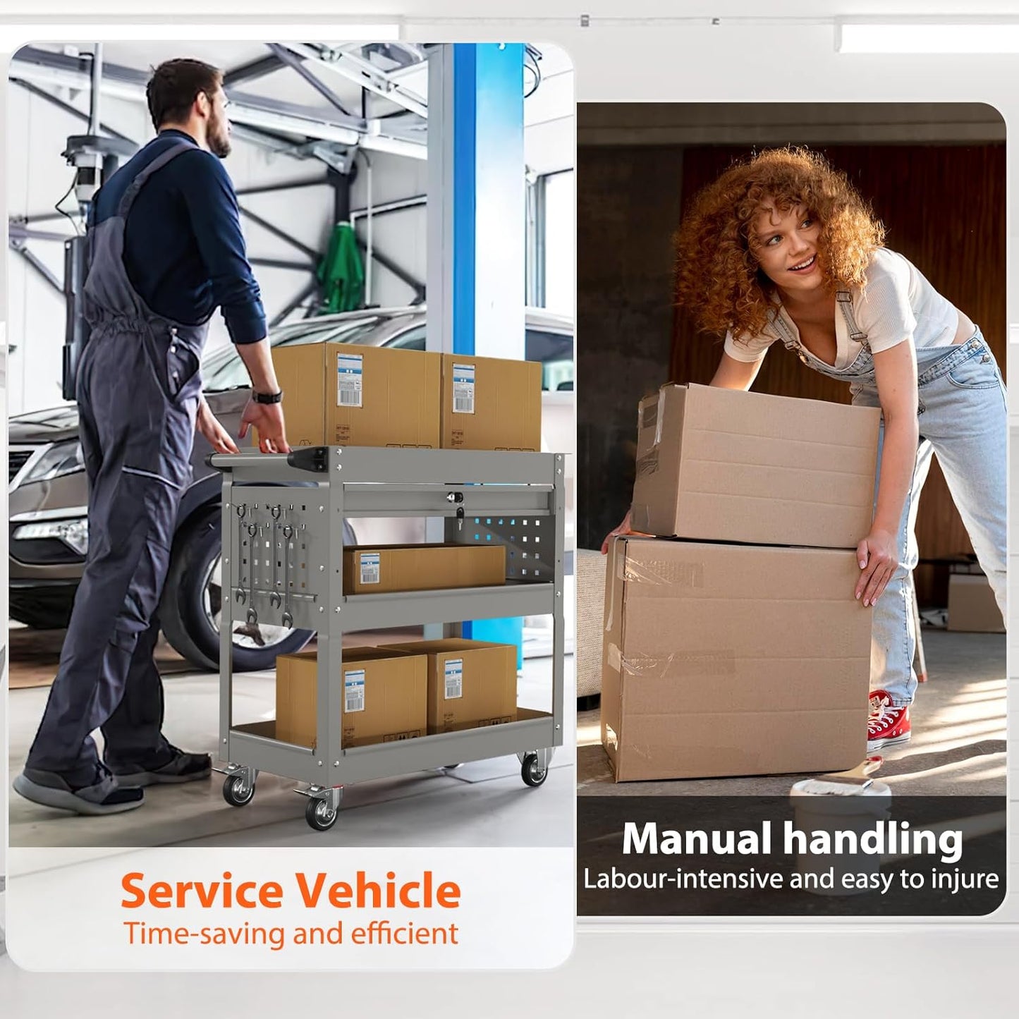 3-Tier Heavy Duty Utility Cart on Wheels, Rolling Tool Cart on Wheels with a Drawer, 350 Lbs Load Capacity Service Cart for Warehous, Garage and Repair Shop (Grey)