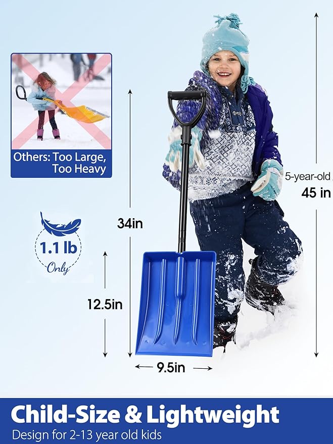 Snow Shovel for Child Aged 2-13 Year Old, Plastic Kids Snow Shovel Right Kid Size, Comfort Strong D Handle Grip, Lightweight Small Snow Shoveling Tool for Children Toddler, Bright Blue Color