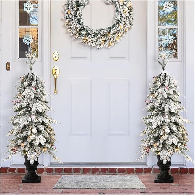 Glitzhome Set of 2 4ft Christmas Tree, Small Christmas Tree Flocked Fir Potted Tree Prelit Artificial Christmas Tree for Entrance with 100 Warm White Lights, 313 PE&PVC Branch Tips and Red Berries