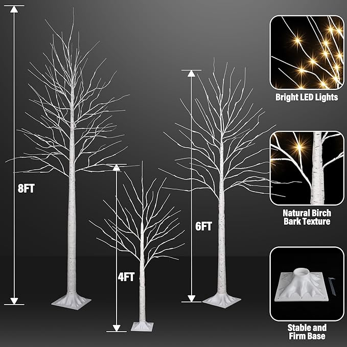 iBaycon 4FT 6FT and 8FT Birch Trees, Set of 3 Lighted Birch Tree LED Artificial Tree with 8 Modes Timer, Prelit Light Up Trees for Indoor and Outdoor Party Holiday Christmas Decorations