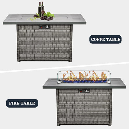 44 Inch Propane Gas Fire Pits Table for Outside Patio, 60000 BTU Rectangular Outdoor Wicker Rattan Fire Pit with Glass Wind Guard