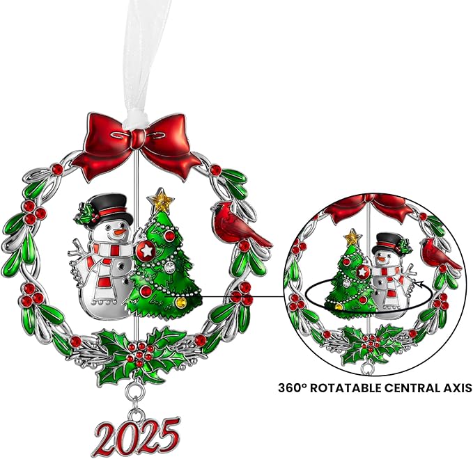 2025 Snowman Christmas Tree Ornament Metal Silver Hanging Rotatable Design Charm Holiday Decorative Pendant Gift Keepsake (Bow)