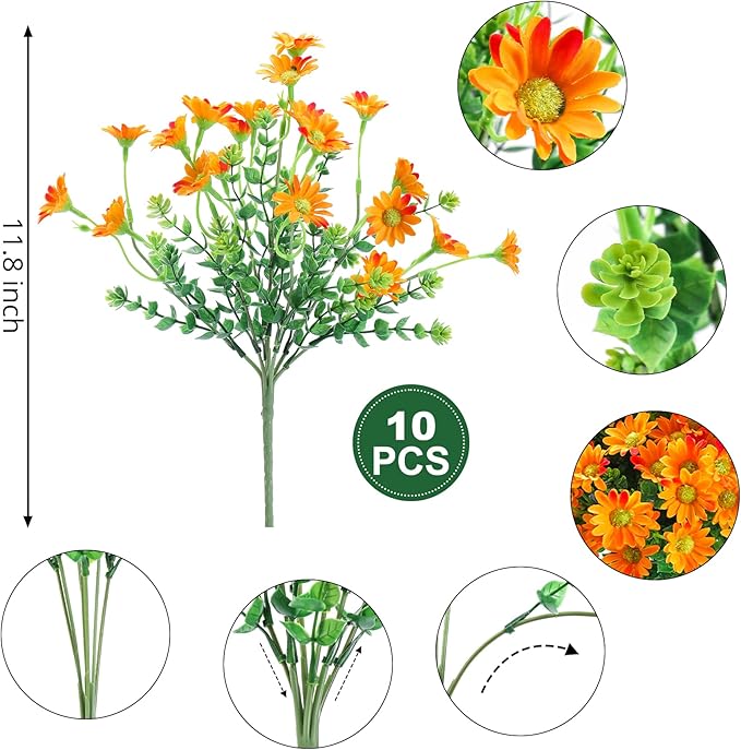 10pcs Outdoors Artificial Mum Flowers UV Resistant Daisy Fake Silk Chrysanthemum Greenery Faux Eucalyptus Plants for Spring Summer Garden Patio Window Box Planter Home Decor(Orange)