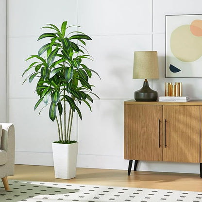 Artificial Dracaena Tree-5FT Tall Fake Plants with White Tall Planter-Artificial Plants Indoor Floor Plant in Pot-Large Tropical Fake Yucca Potted Tree for Home Office Living Room Decor