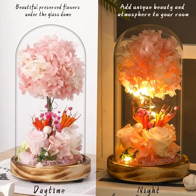 Christmas Preserved Flower Gifts with LED Lights, Pink Hydrangea and Rose Arrangement on Wood Base, 8 x 5.2 Inches, Battery Operated, No Watering Required Home Decor,All Occasions and All Festivals