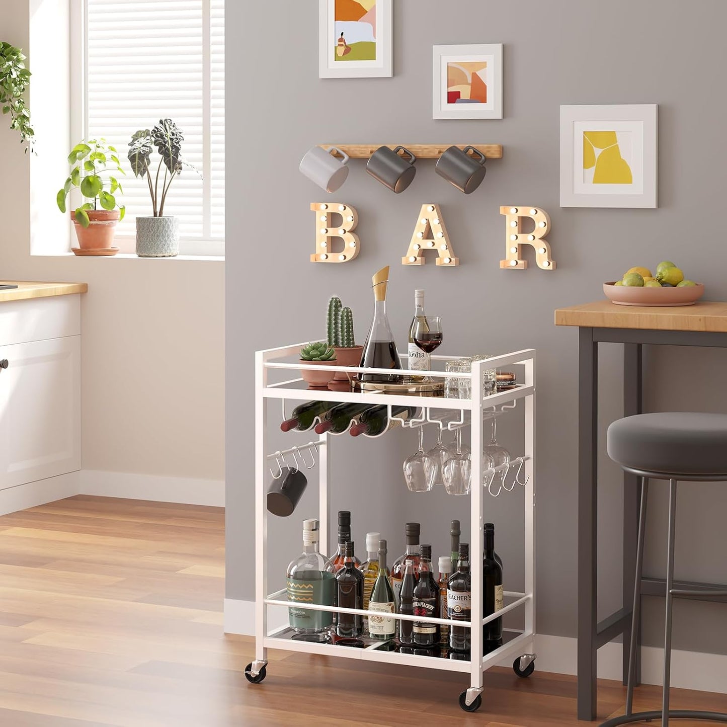 TUTOTAK Bar Cart, Serving Cart for Home, Microwave Cart, Drink Cart, Mobile Kitchen Shelf with Wine Rack and Glass Holder, Rolling Beverage Cart, White BC01BW031