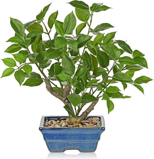 Fake Plants Small Artificial Plants Indoor 15.3" Fake Potted Plants Realistic Faux House Topiary Plants with Blue Ceramic Pot for Home Office Bathroom Kitchen Farmhouse Table Centerpieces Shelf Decor