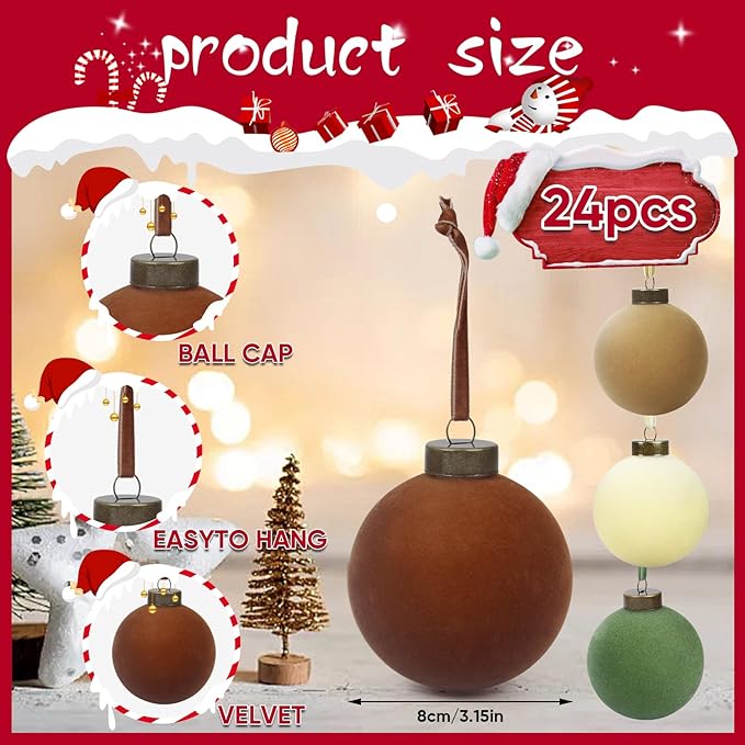 24 Pcs Velvet Christmas Balls Bulk Shatterproof Plastic Christmas Tree Decorations for Decorative Hanging Baubles (24, Brown、Green、Beige、Khaki, 3.15Inch)