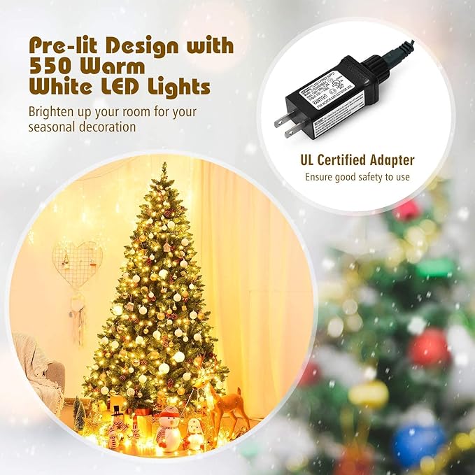 Happygrill 7.5 Feet Christmas Tree Hinged Artificial Christmas Tree with Sturdy Metal Stand Pine Cones and Red Berries, 1526 Branch Tips Xmas Tree for Home Office