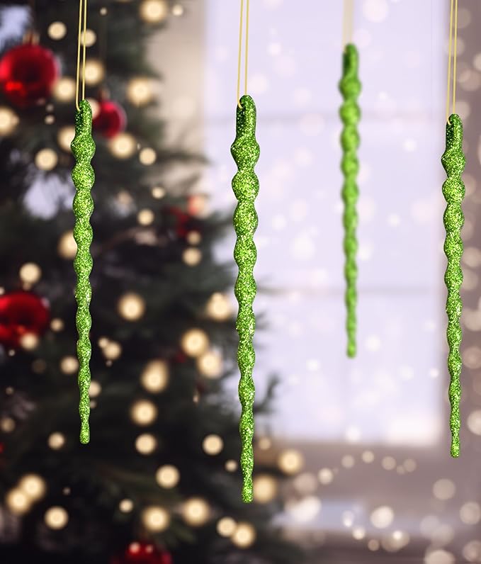 AMS Sparkling Glitter Plastic Icicle Ornaments 30 PCS Twisted Icicles Decoration Christmas Tree and Holiday Xmas Party Hanging (5.1'', Green)