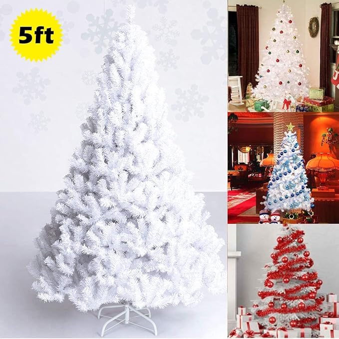 Happygrill 5FT White Christmas Tree Artificial Xmas Tree with Solid Metal Stand White Xmas Pine Tree for Indoor Outdoor Decoration