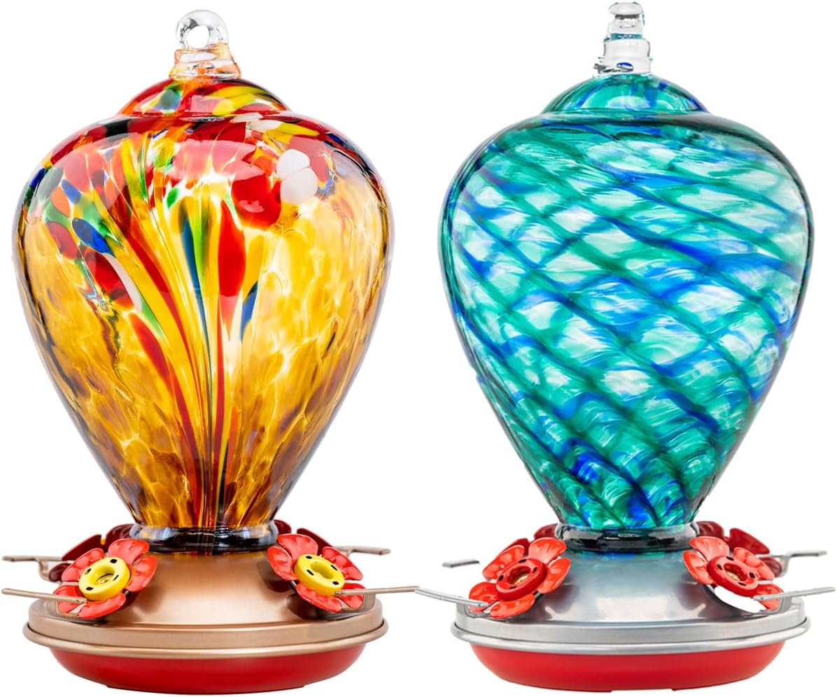 2 Packs Hummingbird Feeder for Outdoors Hanging Ant and Bee Proof, 34OZ 32OZ Hand Blown Glass Hummingbird Feeders for Outside (Yellow & Blue)