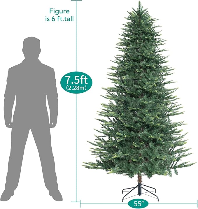 Naomi Home 7.5ft Nordic Christmas Tree with Lights, Realistic Charming Christmas Tree Prelit with 1266 Branch Tips, 700 Warm Lights and Metal Stand, Aritificial Xmas Tree