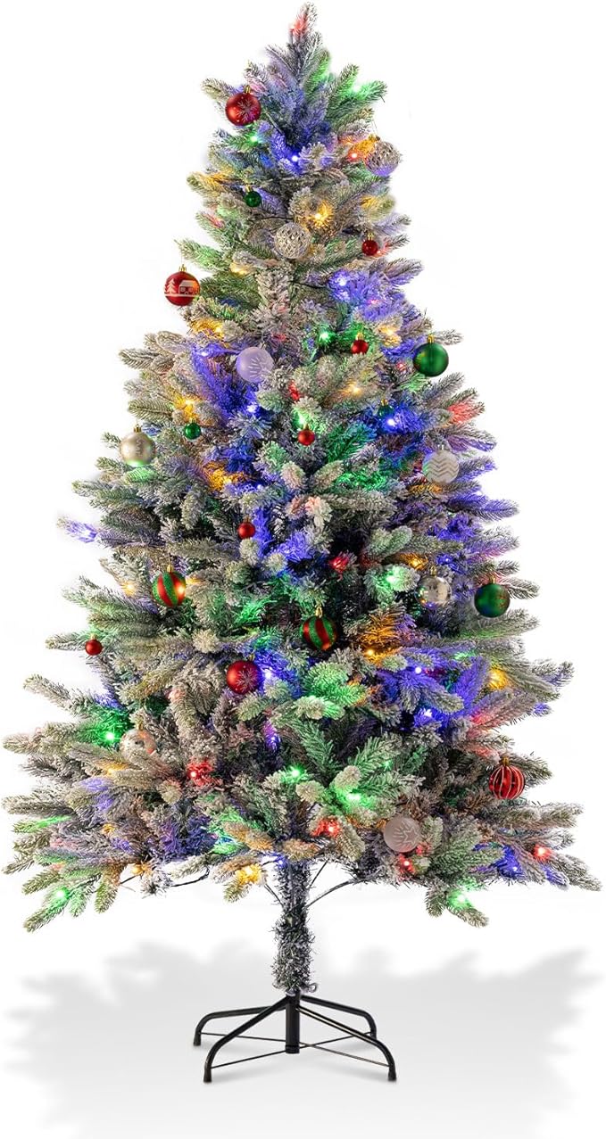 6ft Prelit Green Artificial Christmas Tree with 200 Multi-Color LED, 4 Color 8 Mode, Flocked Hinged Xmas Tree with 1000 Realistic Branche, Easy Assembly for Home Office Holiday Decoration