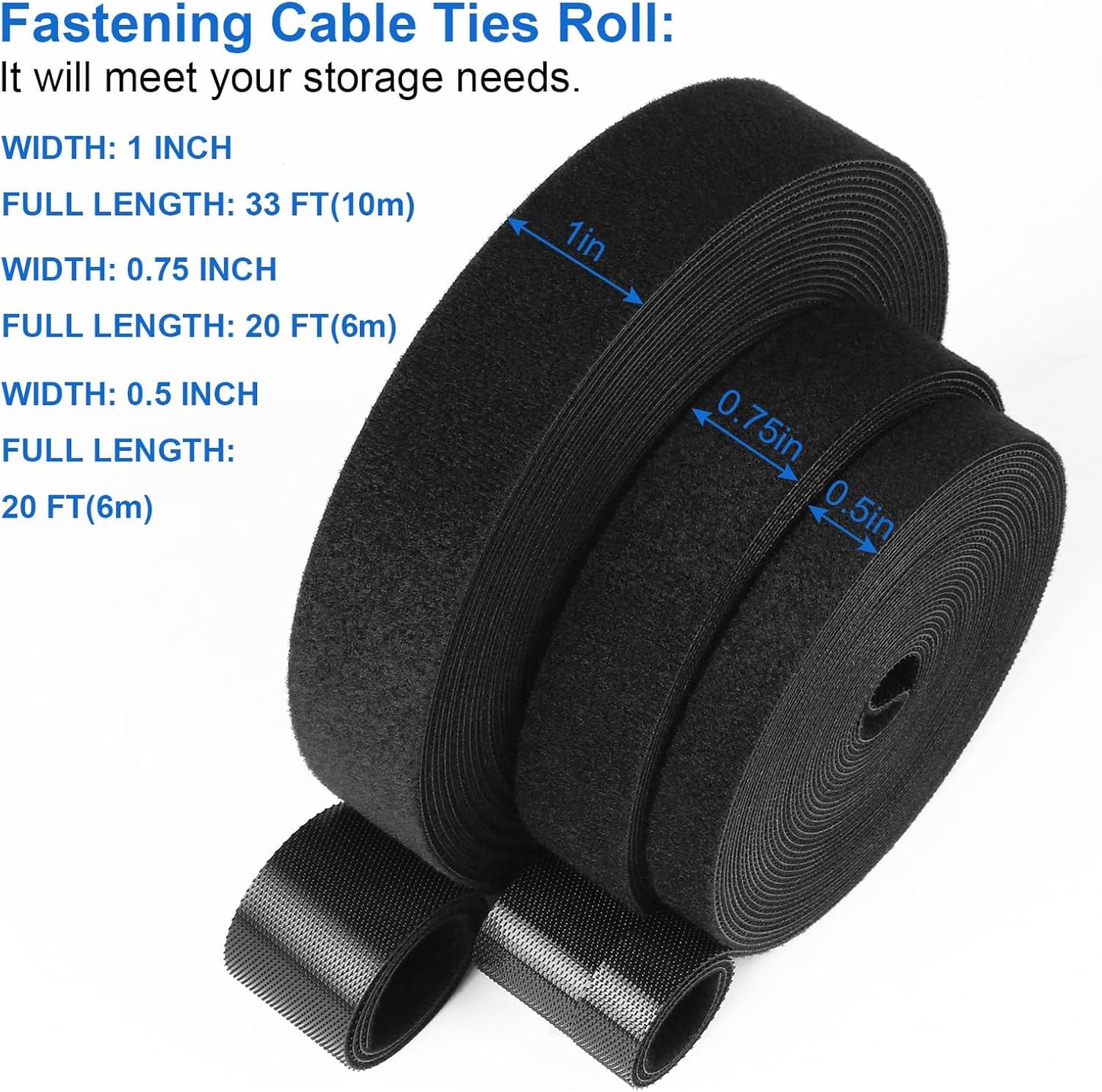 OneLeaf Hook and Loop Roll Reusable Fastening Cable Ties, Free Cutting Multi-Purpose Cable Management Tape，Black Heavy Duty Wire Management for Home and Office