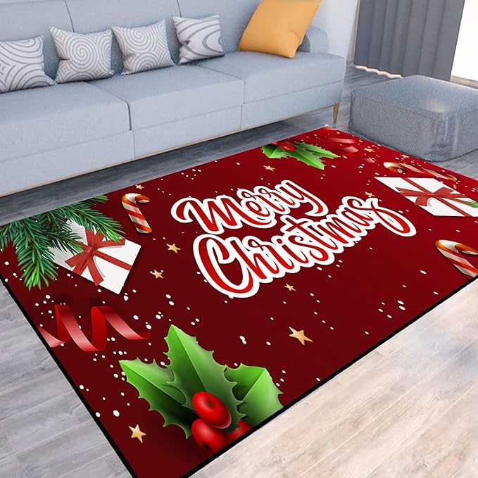 Merry Christmas Rug,Christmas Trees Decorative Gift Indoor Bedroom Xmas Winter Welcome Door Mat Anti-Slip Rubber Area Rug for Seasonal Holiday Decoration,63" X 31"