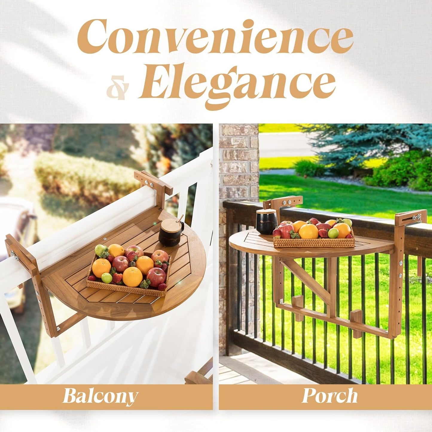 IDZO FSC Acacia Wood Folding Balcony Bar Table for Railings, Adjustable Height & Width, Teak Brush Finish Durable Against Weather, Ideal Spacious Dimension of 27 9/16 x 21 5/8 Inch, Half-Round Design