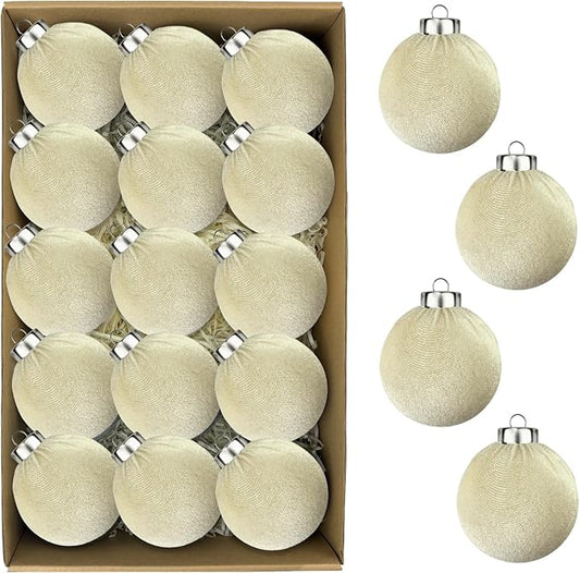 Beige Velvet Christmas Ball Ornaments for Tree 15 PCS, Large Neutral Flocked Christmas Bulbs Ornaments Set 3.15 Inch, Shatterproof Xmas Hanging Baubles Decorations (Beige)