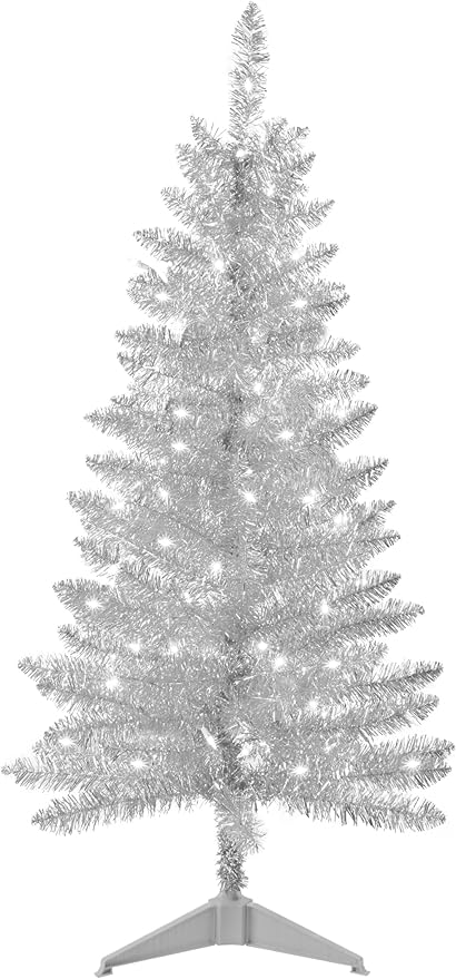 4ft Artificial Full Silver Christmas Tree with Separate Lights, Not Pre-lit Mini Silver Tinsel Pine Christmas Tree, 50 Lights, Small Xmas Tree for Home, Office, Party Decoration, Indoor
