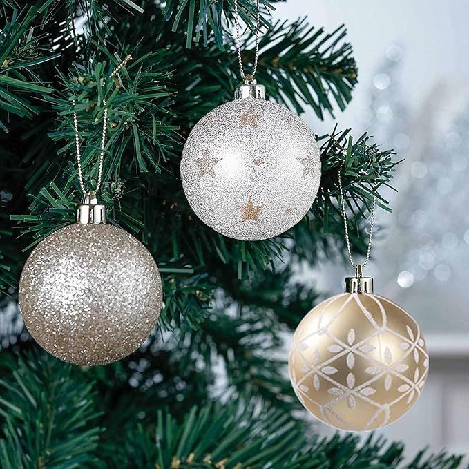 Christmas Ball Ornaments Set, 20ct 60mm Elegant White and Gold Assorted Christmas Tree Decorations, Shatterproof Christmas Tree Hanging Ornaments for Xmas Decoration