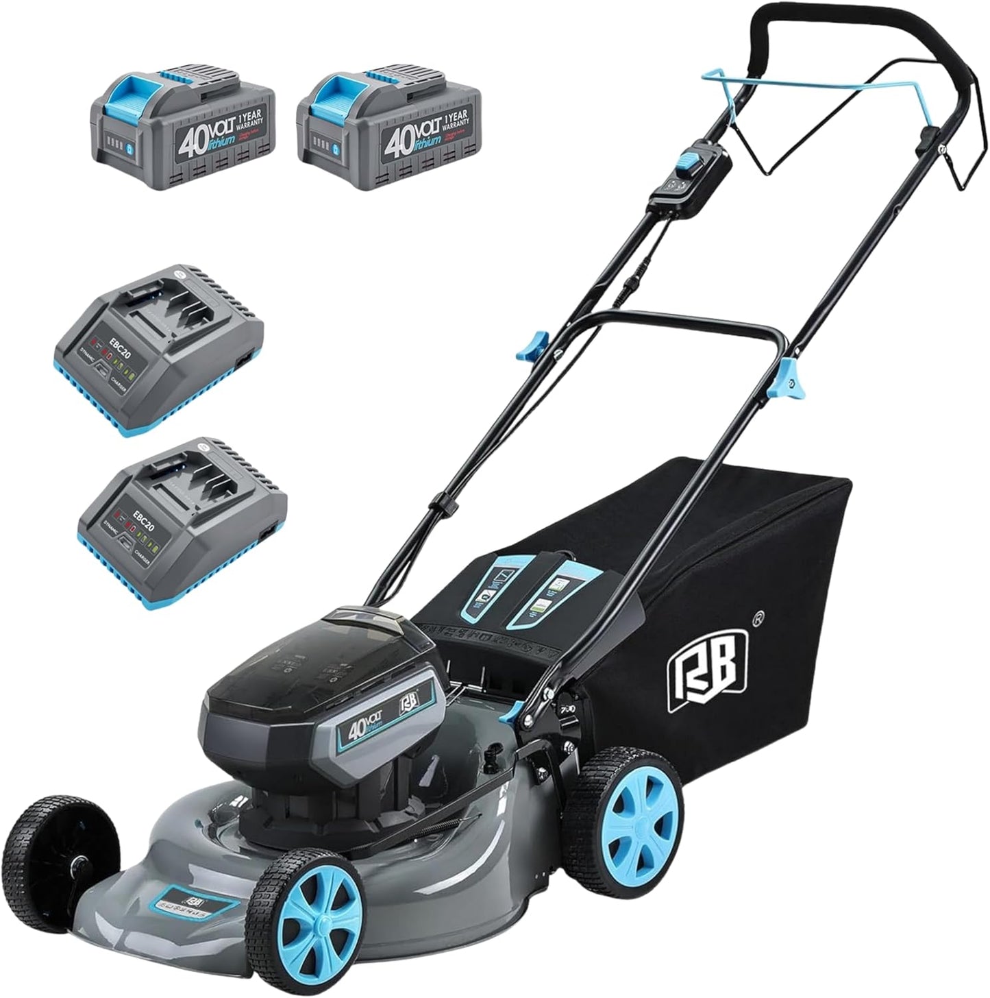 RB 80V Battery Power Lawn Mower 18” Cordless 7 Cutting Heights Adjustable Lawnmower Brushless Motor Low Noise 4 in 1 Push Mower with Fast Charger and 2 x40V 4.0AH Battery