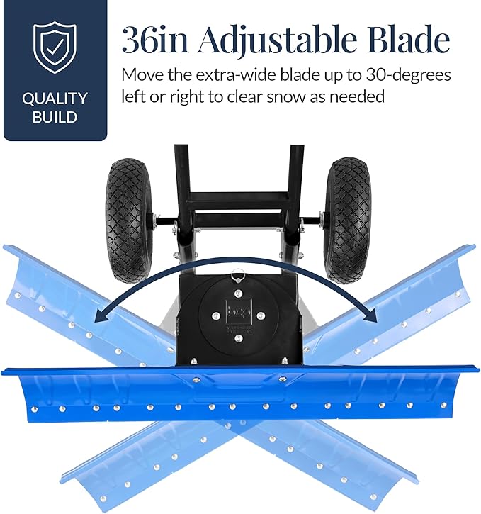 Best Choice Products 36in Galvanized Blade Heavy-Duty 2-Wheel Snow Pusher Hand Plow for Snow Removal w/Wheels, Adjustable Handle, Blade Angle - Blue