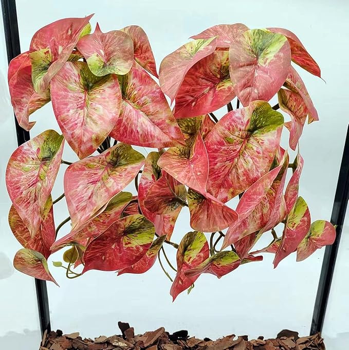 2 Pack Reptile Plants for Terrarium Decor, Amphibian Habitat Decor, Reptile Tank Accessories, Artificial Hanging Plants with Suction Cup (Red Arrowhead)