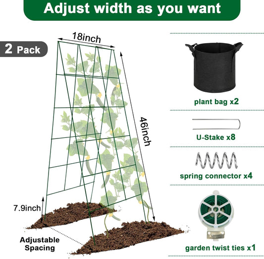 Foldable Cucumber Trellis, 46" L x 18" W A-Frame 2 Pack Cucumber Trellis for Raised Bed Garden Vegetable Grow Supports, Steel Trellis with Twist Ties & Plant Bags for Climbing Plants Outdoor