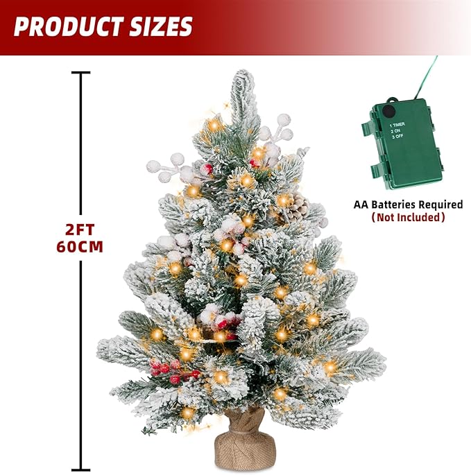 ININ 2FT Pre-lit Mini Christmas Snow Flocked Tree,Tabletop Artificial Christmas Tree with LED Lights, Small Xmas Pine Tree with Cloth Bag Base for Christmas Decor,12 Clusters Berry & 8 Pinecones