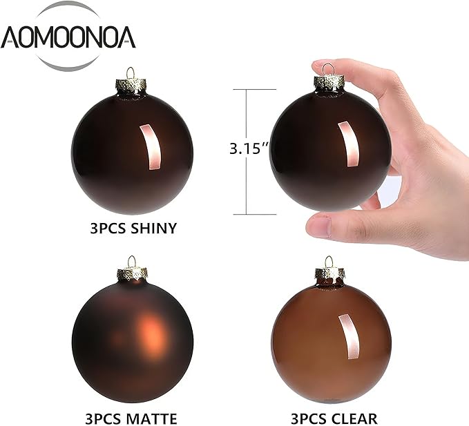 Brown Glass Christmas Ball Ornaments for Xmas Tree, 3.15” Christmas Hanging Ornaments Set of 9 Xmas Baubles for Holiday Party Decorations Gifts