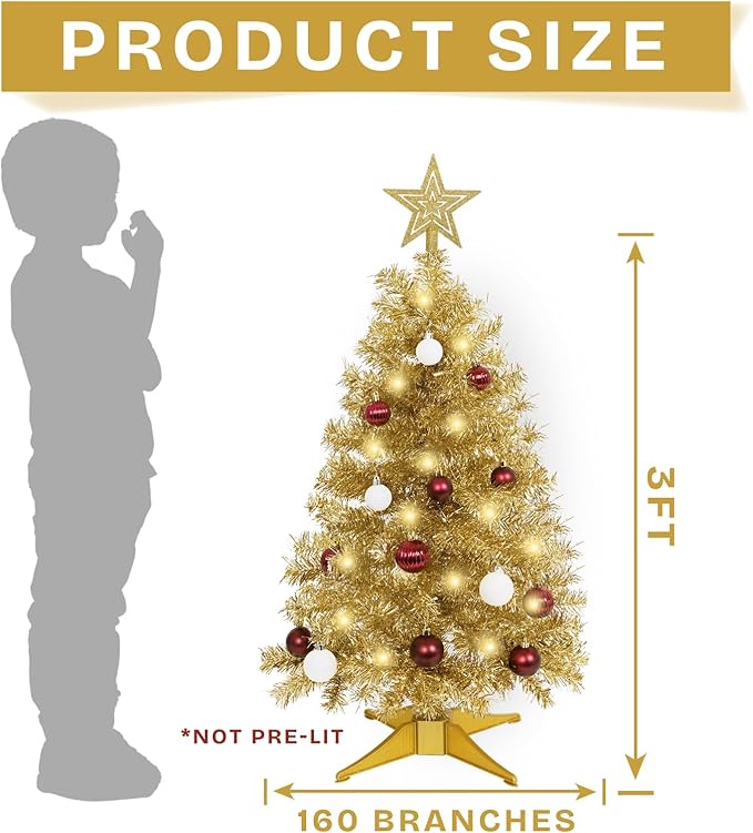 Sunshine Champagne Christmas Tree with Light 3ft Artifical Full Christmas Tree with Ball & Star Ornaments 8 Lighting Modes for Holiday Decor